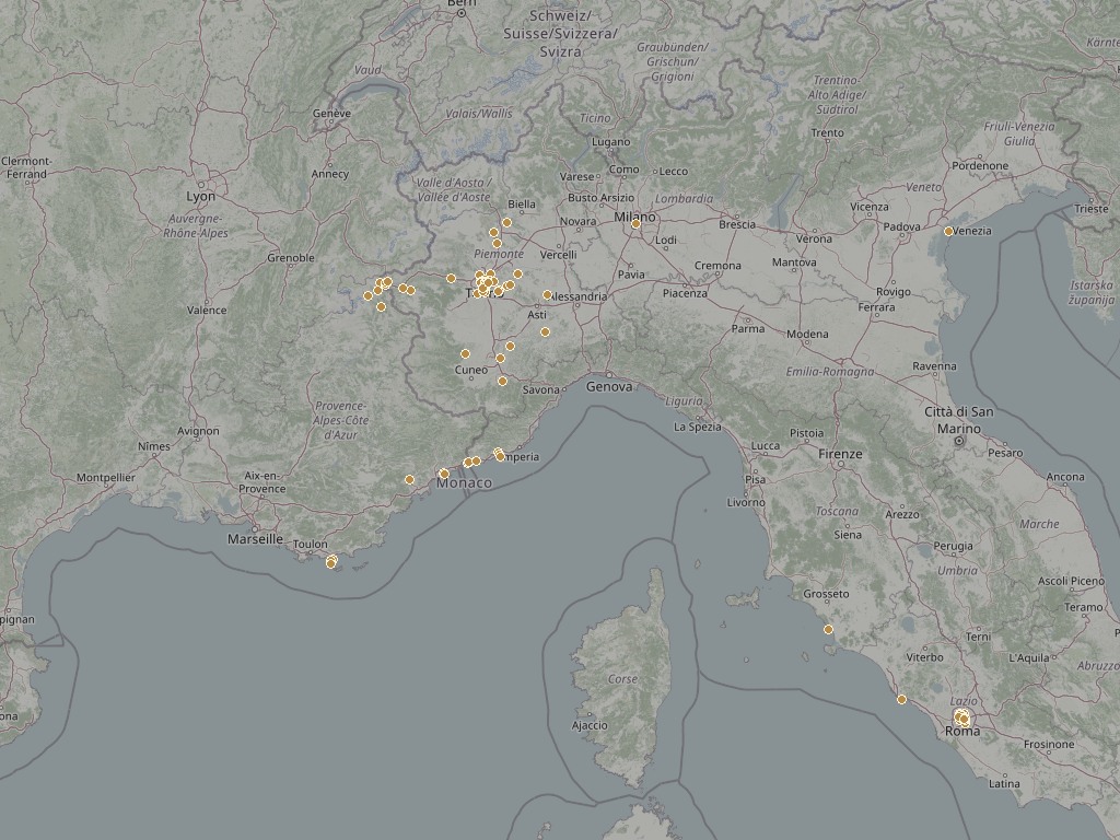 Mappa del Piemonte e dei territori vicini con i punti dei luoghi raccontati
